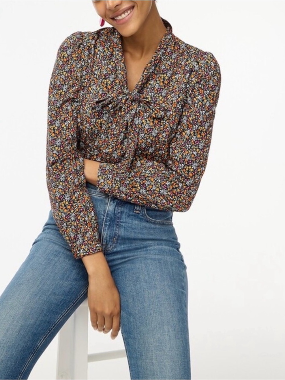 J. Crew Floral Tie-Neck Blouse in Black Multi Floral